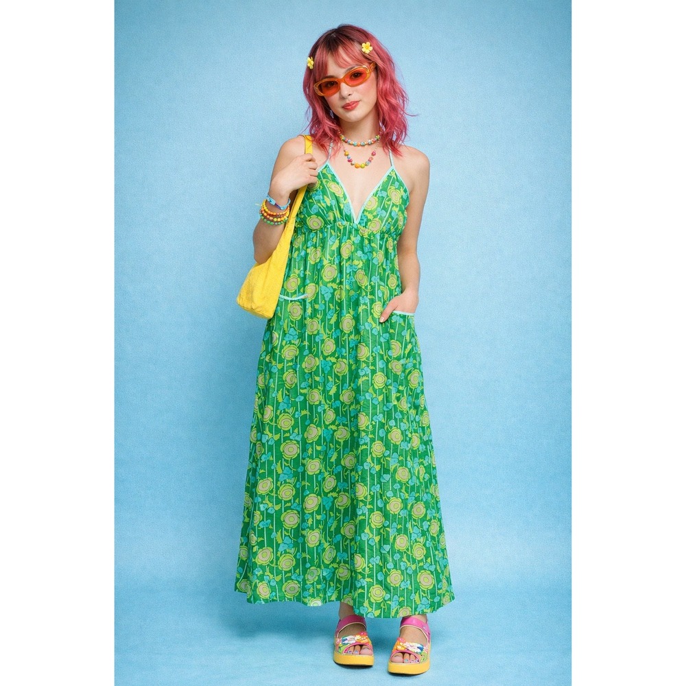 Johnny Martin Retro 60s Style Maxi Dress Floral Print Halter Neck Green Pocket 9